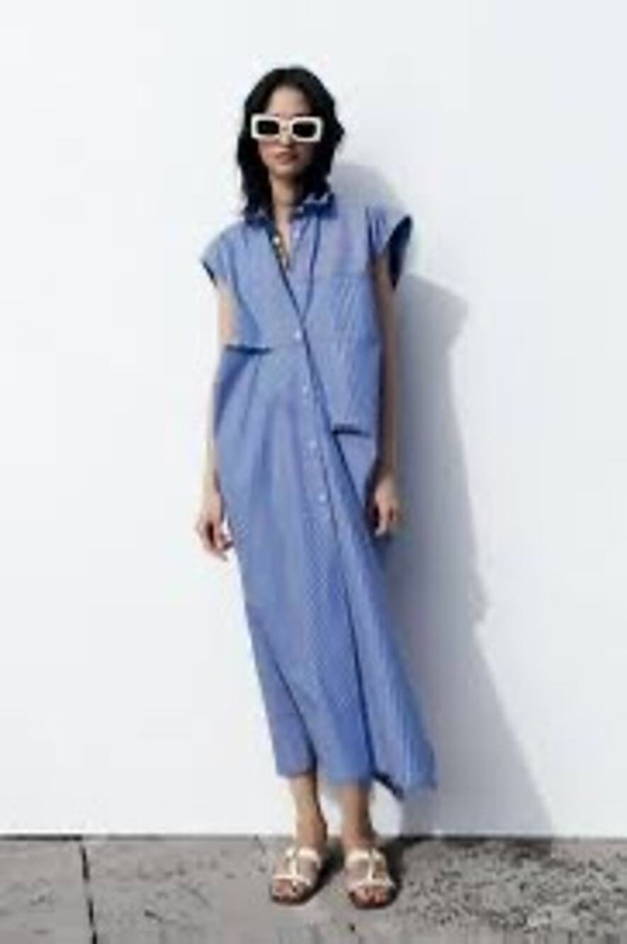 Zara Striped Button Up Cap Sleeve Midi Dress Size M Medium Blue